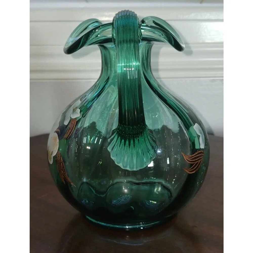 Fenton Seafoam Green Pitcher Floral Art Glass 7